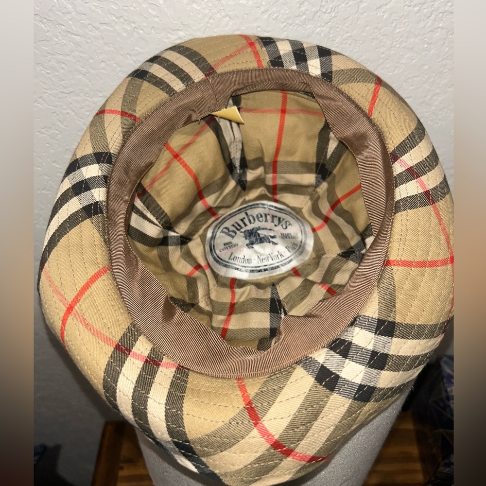Burberry Kids Plaid Bucket Hat in Tan, Black, White & Red - Picture 2 of 5